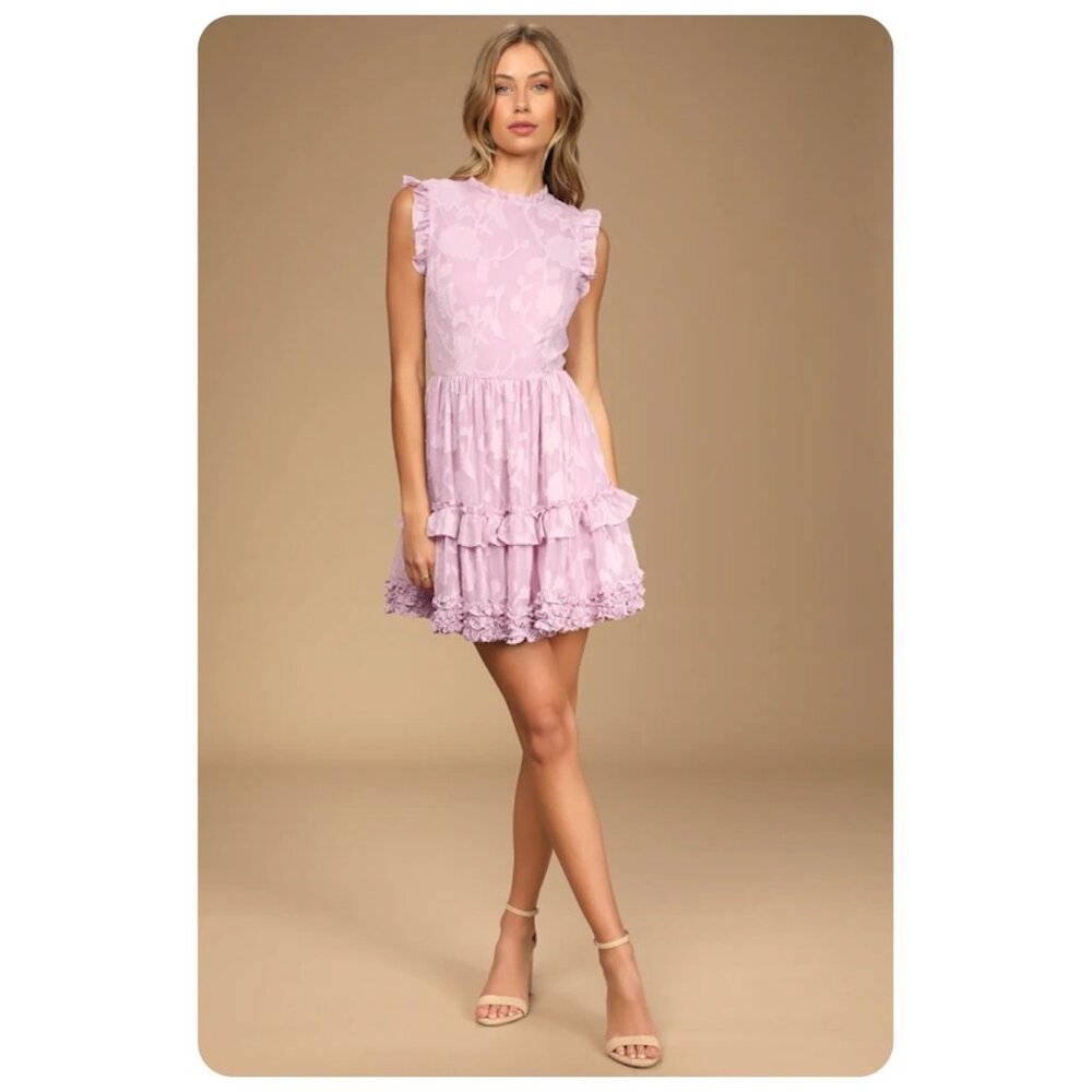 !! Lulus True As Can Be Lavender Burnout Floral Sleeveless Ruffled Mini Dress